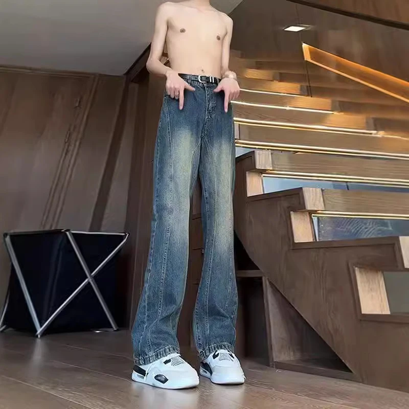 爆款春秋季新款牛仔裤男士美式高级设计感直筒阔裤微喇长裤男装