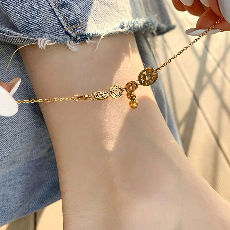 钛钢脚链 【不掉色】铃铛脚链女复古ins铜钱脚链百搭网红气质女款