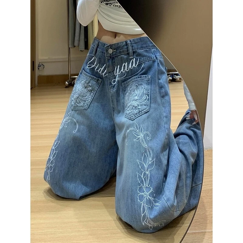 玫瑰字母刺绣牛仔裤水洗做旧小众宽松裤子男女款拖地直筒弯刀裤