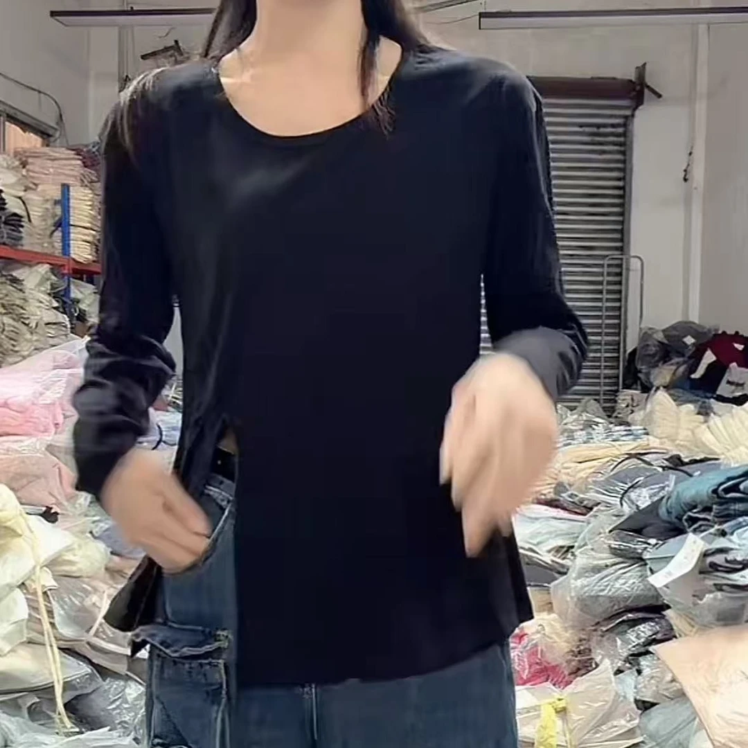 下摆开叉长袖T恤打底衫女