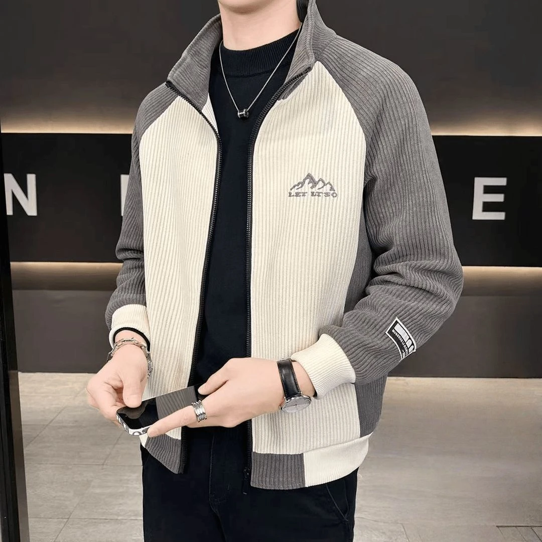 400克重磅雪尼尔新款秋冬立领高端外套男士加厚韩版休闲拼接夹克