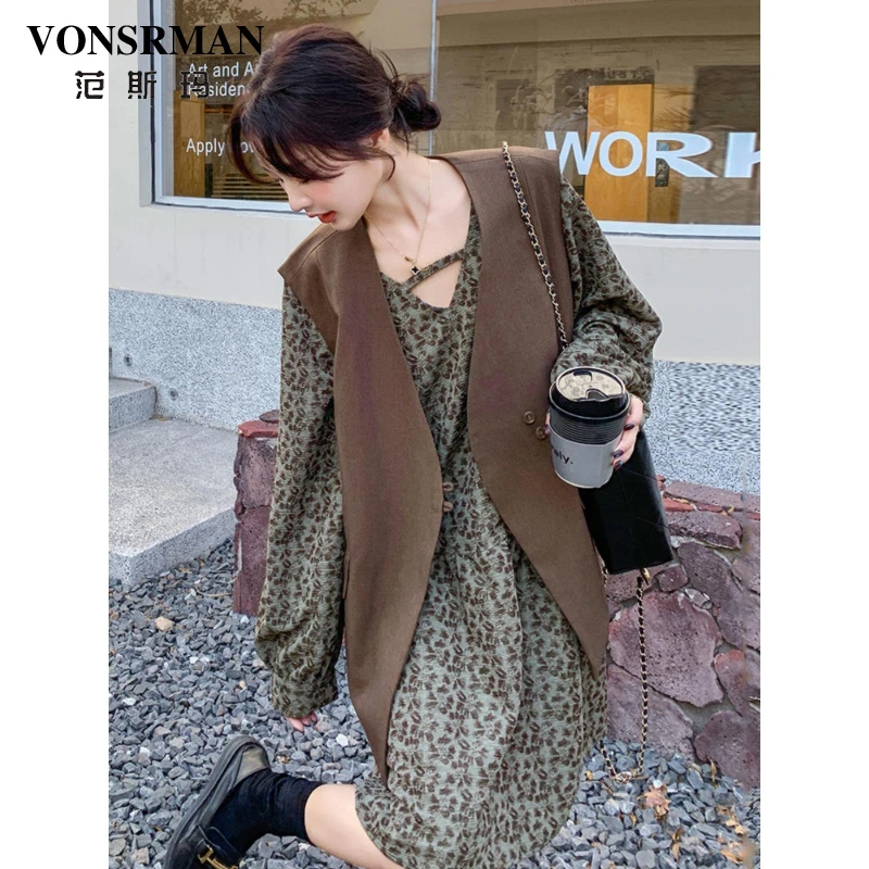 西装马甲连衣裙套装女秋季法式V领优雅气质显瘦复古碎花裙两件套