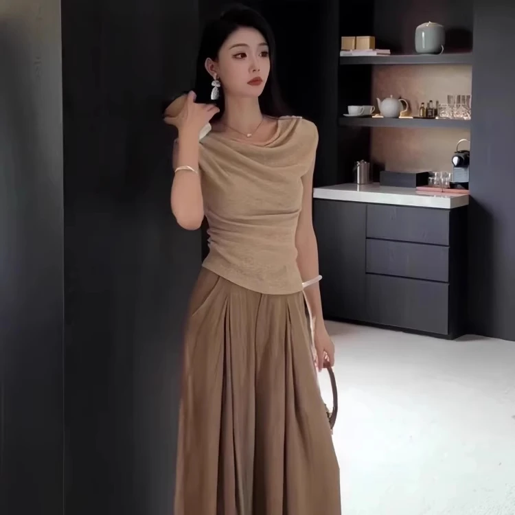 一衣多穿斜领露肩短袖T恤2025夏季新款法式气质高级感慵懒上衣女