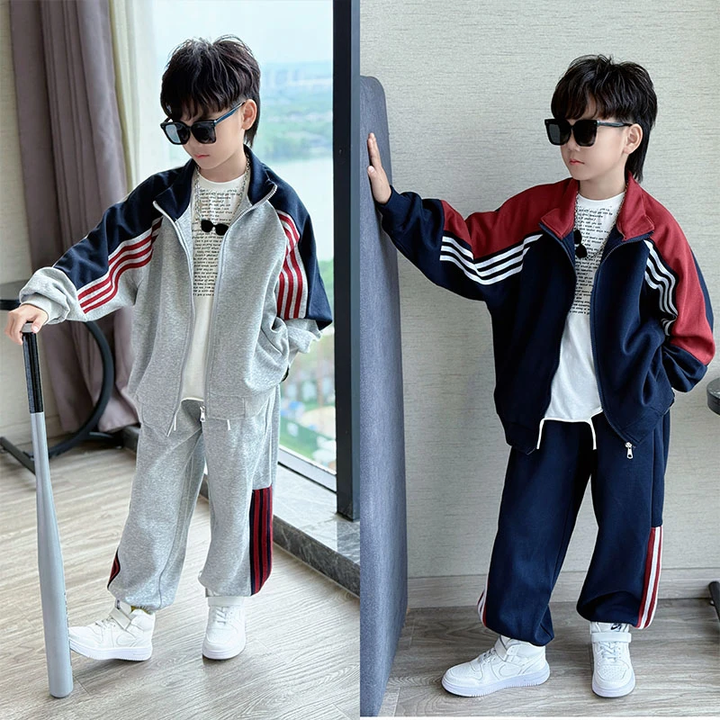 男童秋季潮酷拼接三条杠撞色休闲长袖拉链外套洋气两件套中大童