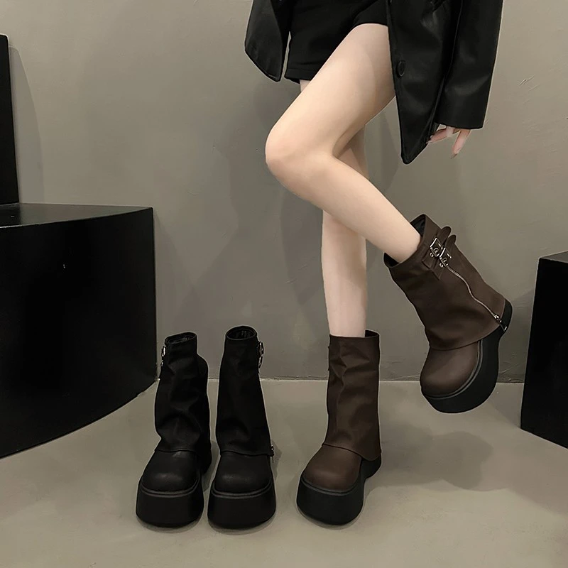 厚底增高短靴女2025秋季新款甜酷辣妹风机车裤管靴棕色松糕马丁靴