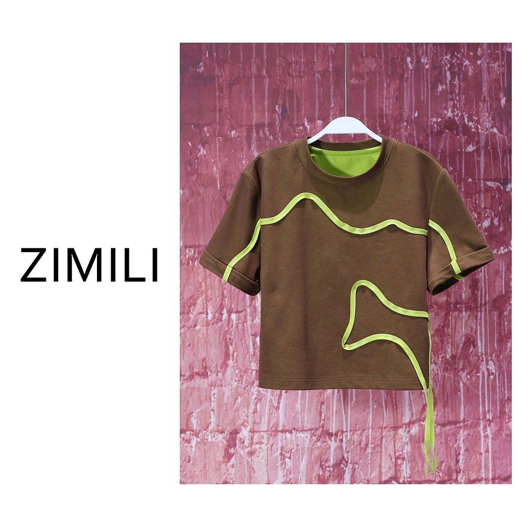 【亮哥女装】2025莱赛尔天丝轻薄透气茶褐色撞色盘花圆领T恤6220