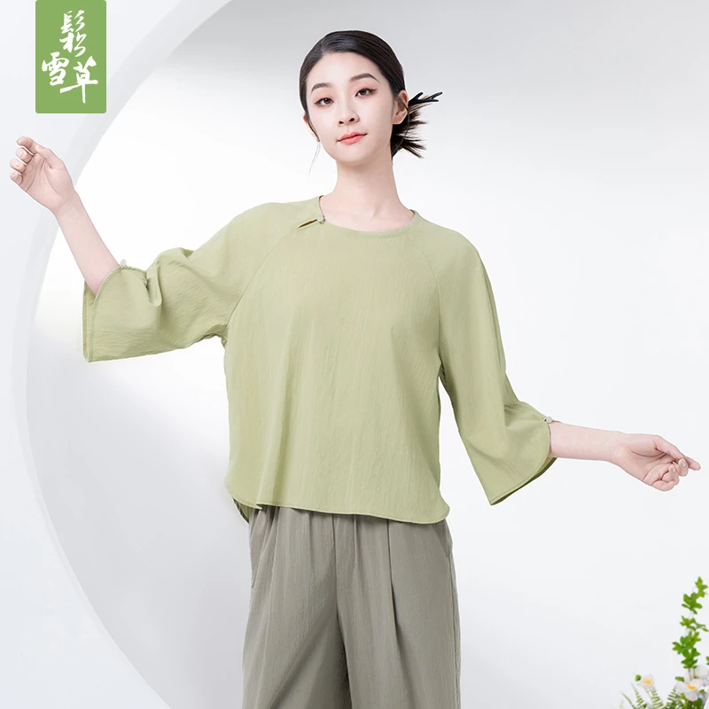 鬆雪草超柔亲肤新中式女上装2025夏新款时尚复古七分袖女5075110