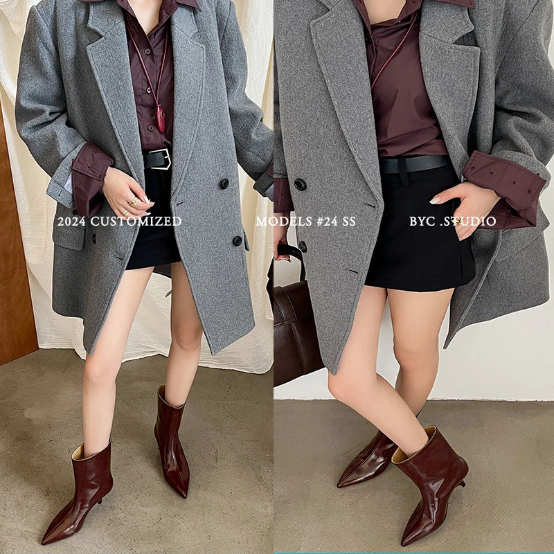 米娜【5.5cm】欧美风轻奢一脚蹬猫跟尖头宽直筒短靴/落日46/93