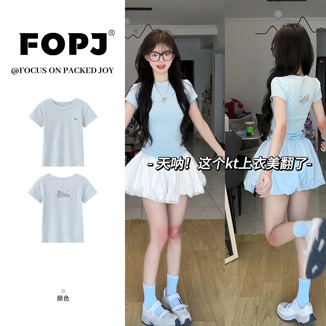 FOPJ刺绣款镂空kitty设计夏季新款短袖t恤女修身显瘦百搭圆领上衣