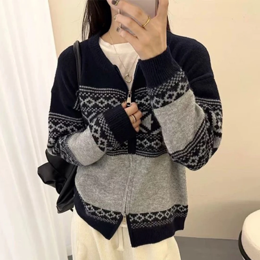 灰蓝色费尔岛风格加厚显瘦百搭针织毛衣外套女款