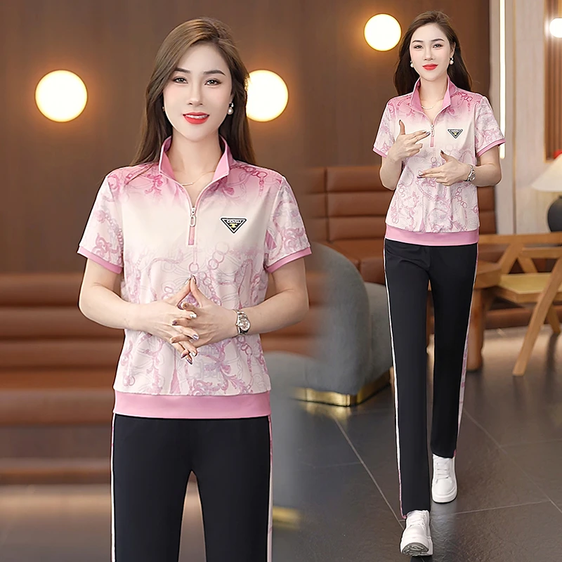 运动服套装女士2025夏季时尚宽松冰丝短袖长裤跳舞休闲两件套薄款