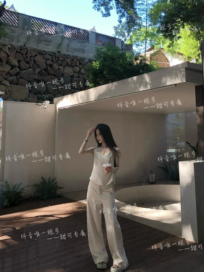 【新款上新】老钱风无袖衬衫夏季设计感小众收腰系带镂空上衣+长裤