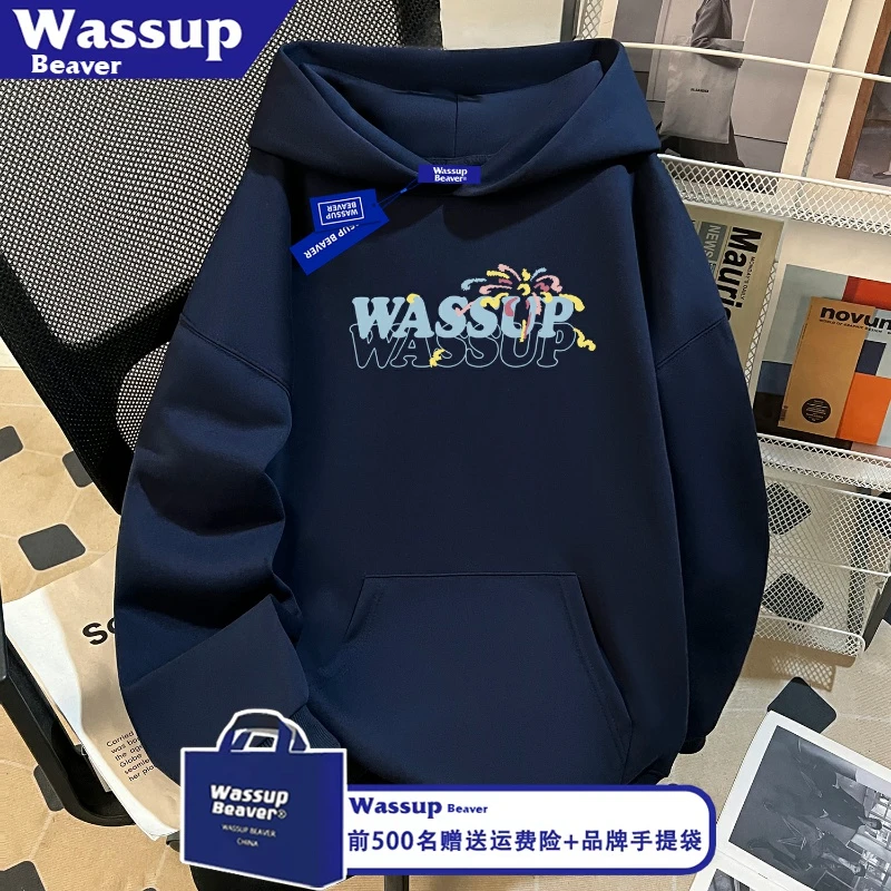 WASSUP BEAVER国潮设计感烟花连帽卫衣男女生秋冬季加绒情侣上衣