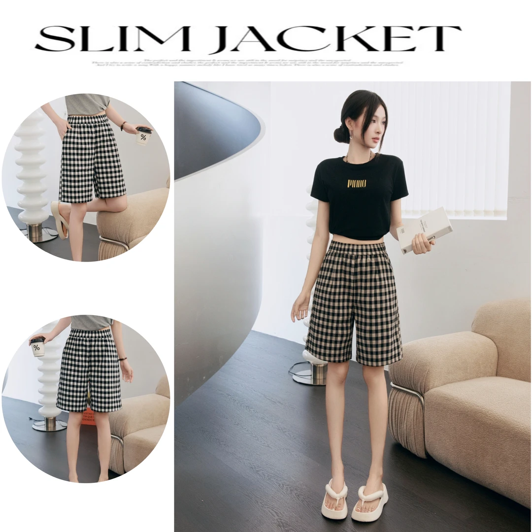 夏季高腰微弹力阔腿裤薄款短裤阔腿时尚风ins风格子显瘦格子裤