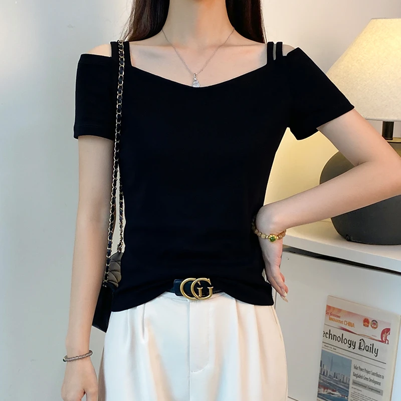 黑色一字肩V领短袖t恤女夏季修身露锁骨打底衫百搭显瘦露肩上衣潮