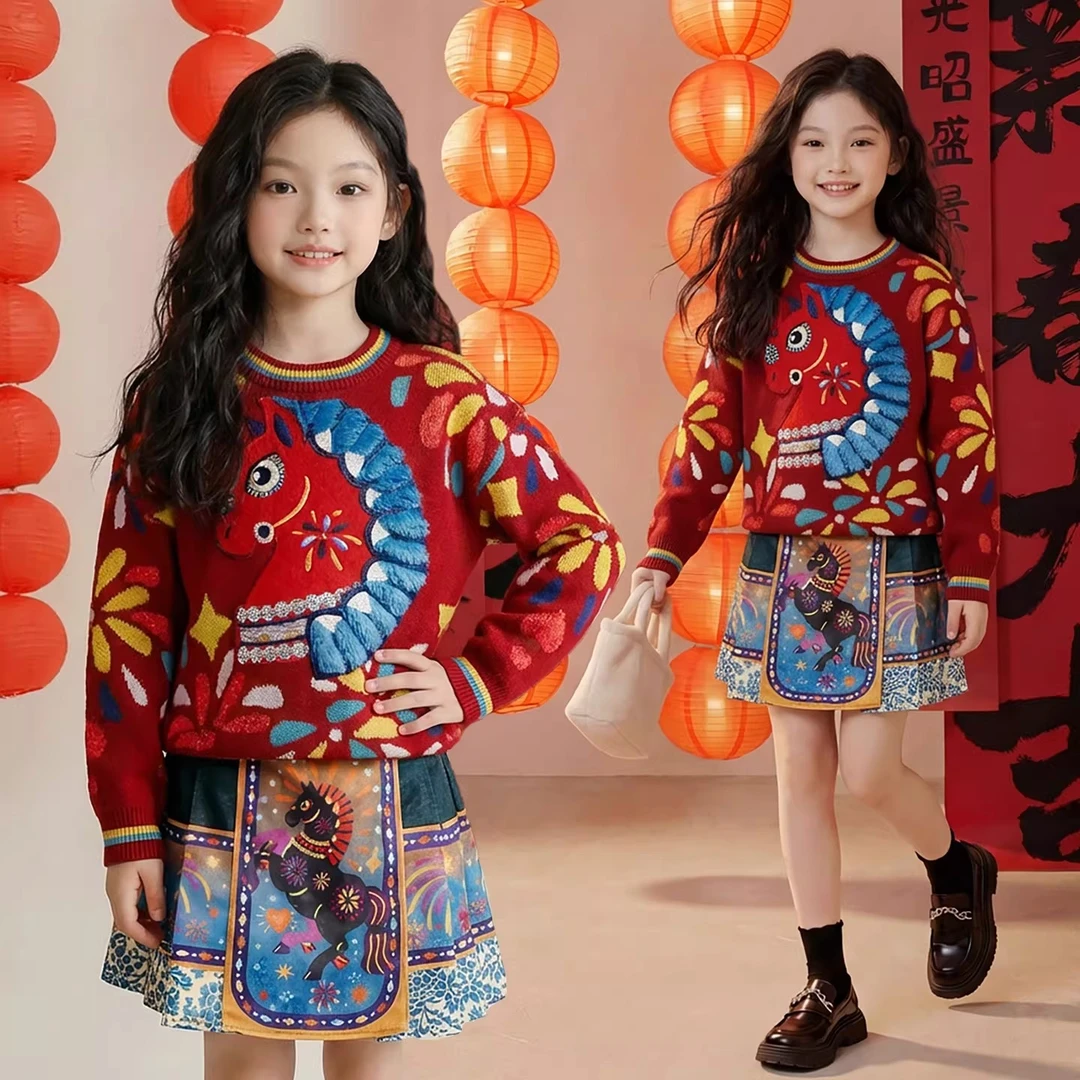 红色毛衣女童马年本命年衣服冬季上衣2025新款儿童新年拜年服套装