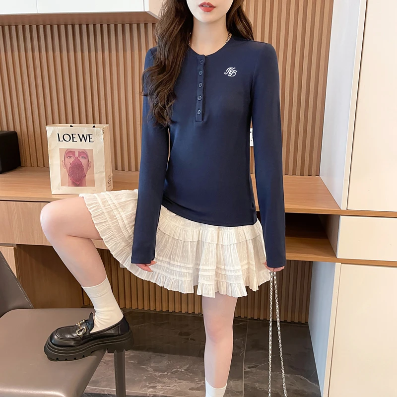 美式半开领纽扣长袖T恤女2025早秋季爆款韩版修身显瘦内搭打底衫