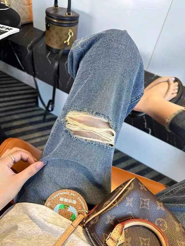 时髦秘籍~破洞毛边阔腿牛仔裤女2025夏季新款薄款九分宽松直筒裤