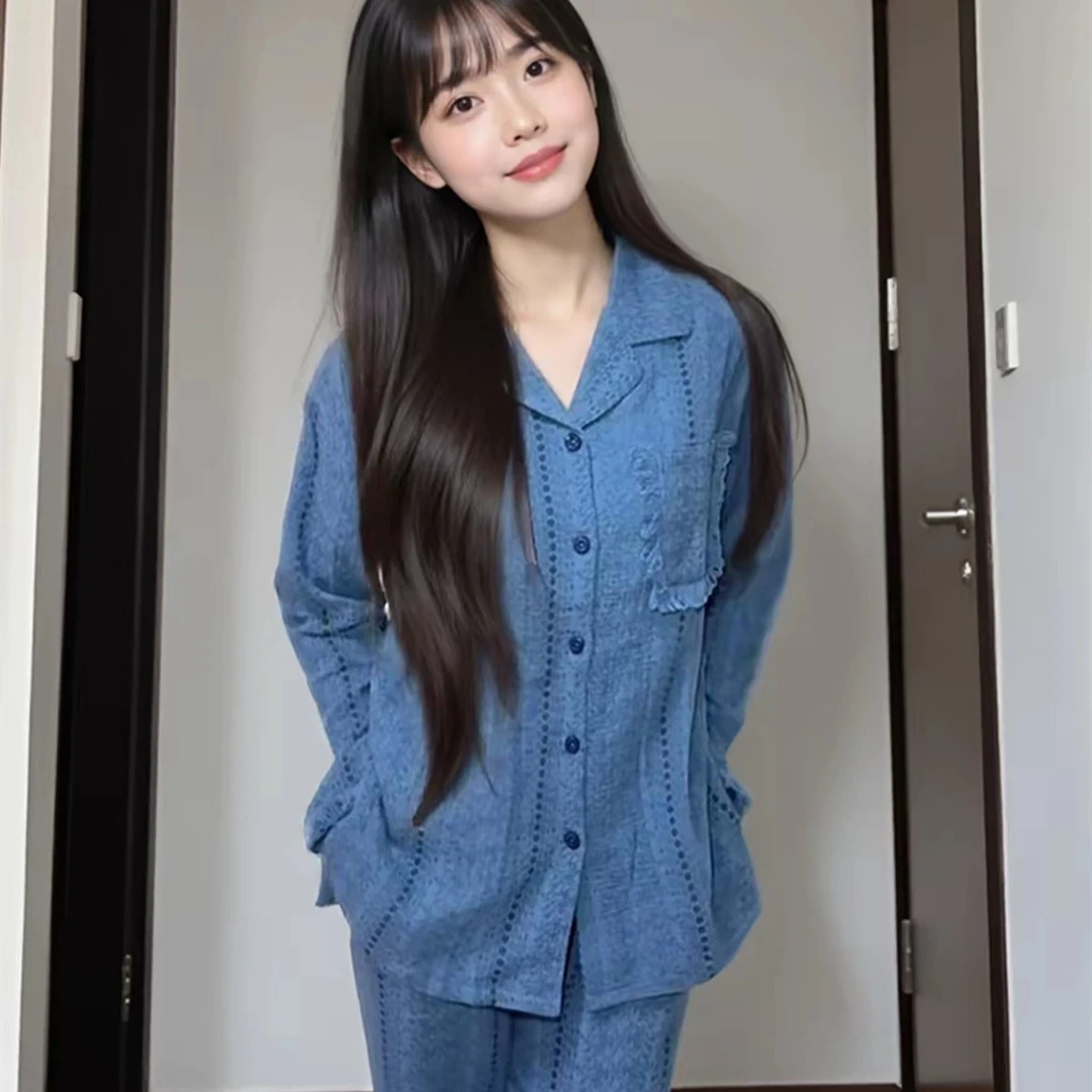 带胸垫睡衣女蓝色长袖春秋开衫套装可外穿居家服流苏大码条纹长裤