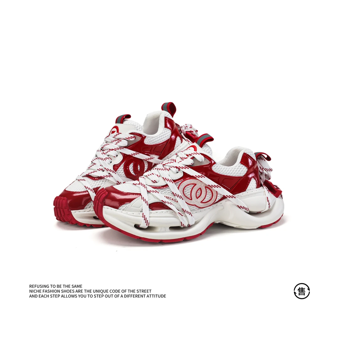 时尚潮流男士真皮鞋子休闲百搭夏季红色厚底透气老爹潮鞋ins增高