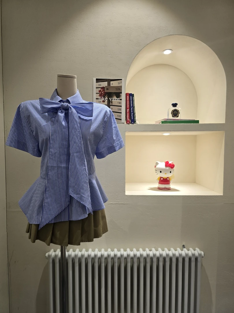 【no退no换】芳芳在韩国 东大门正品代购/Li家/条纹蝴蝶结绳衬衫