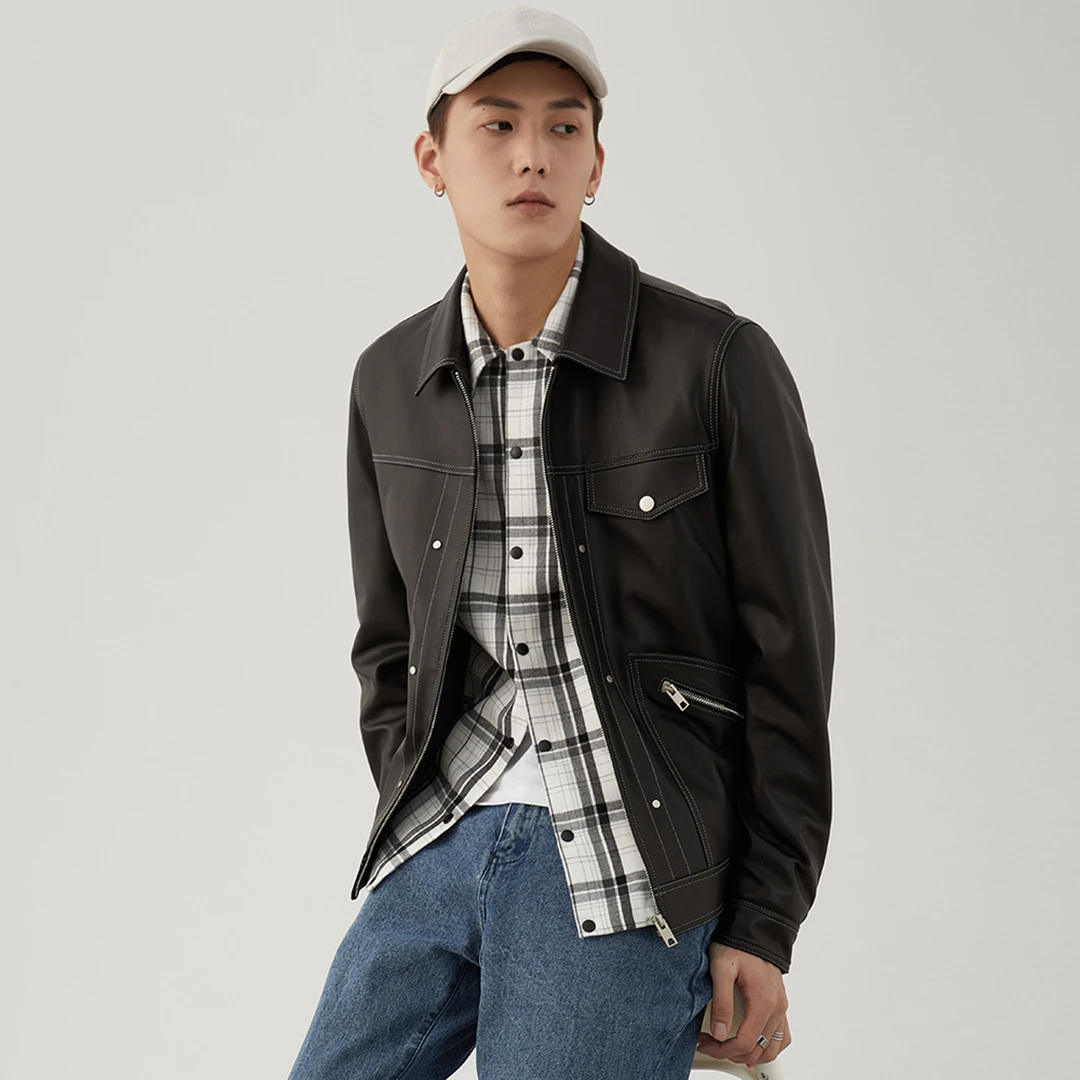 【真皮皮衣】秋季新款男翻领拉链袋休闲外套潮流皮衣夹克男款0301