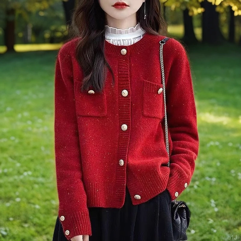 小香风点子纱圆领针织开衫女春秋新款法式气质高级感宽松毛衣外套