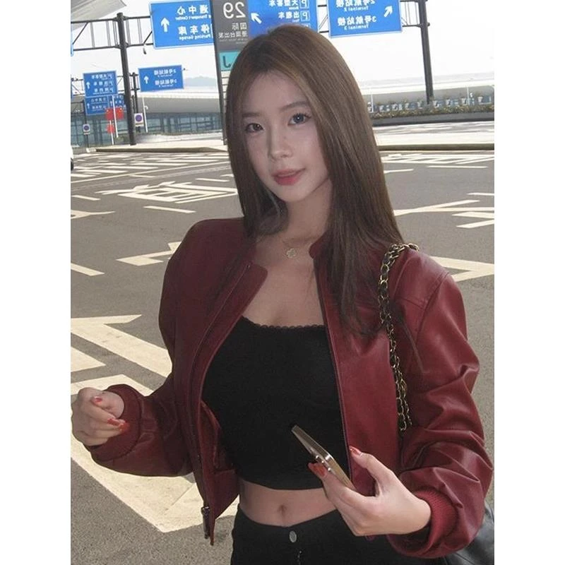 安可拉红色皮衣外套女2025年春季新款美式覆古机车服短款夹克上衣