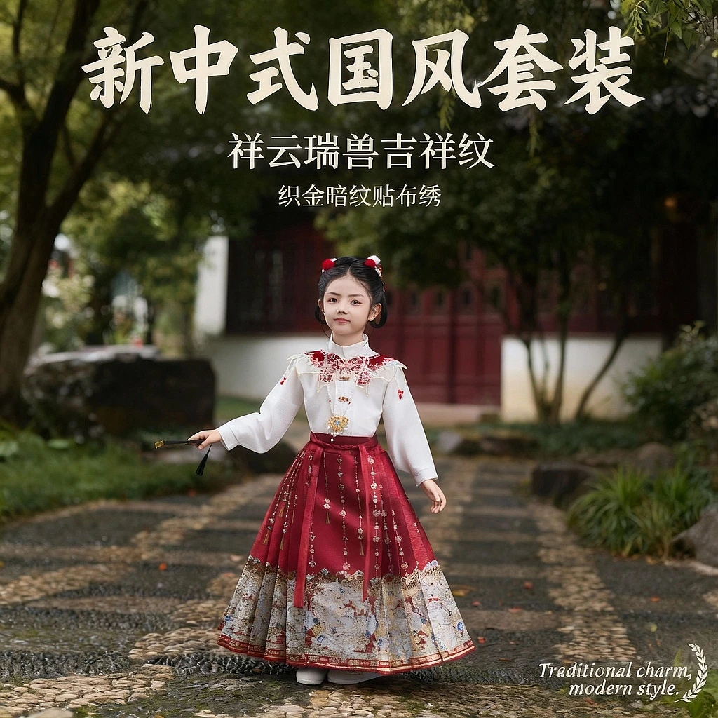 槿木缘【马踏祥云】马面裙女童套装冬装国风加绒儿童新中式唐装红色