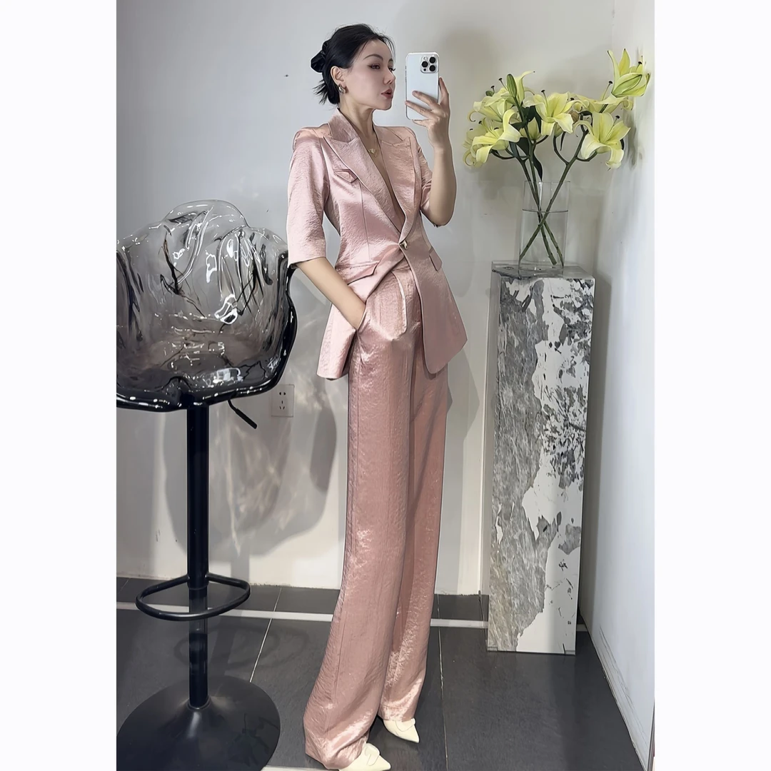 ZEROYK欧货高定职业装设计感御姐气质缎面醋酸西服长裤时髦两件套