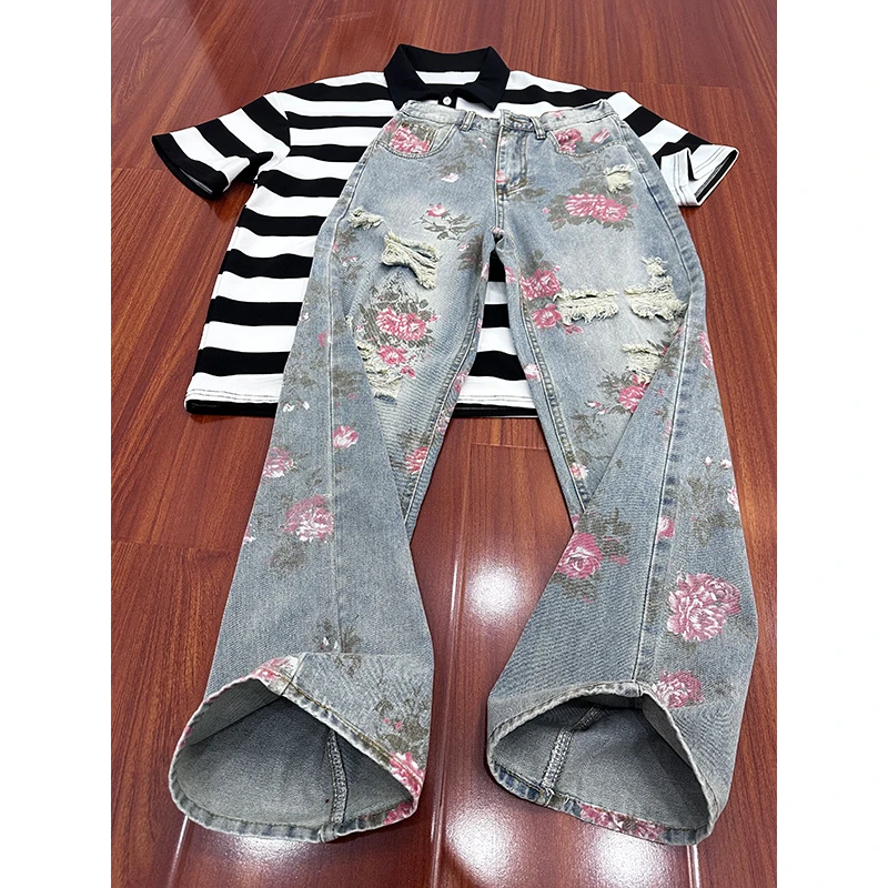 cleanfit花卉破洞牛仔裤男款夏季高级感显瘦裤子玫瑰满印直筒长裤