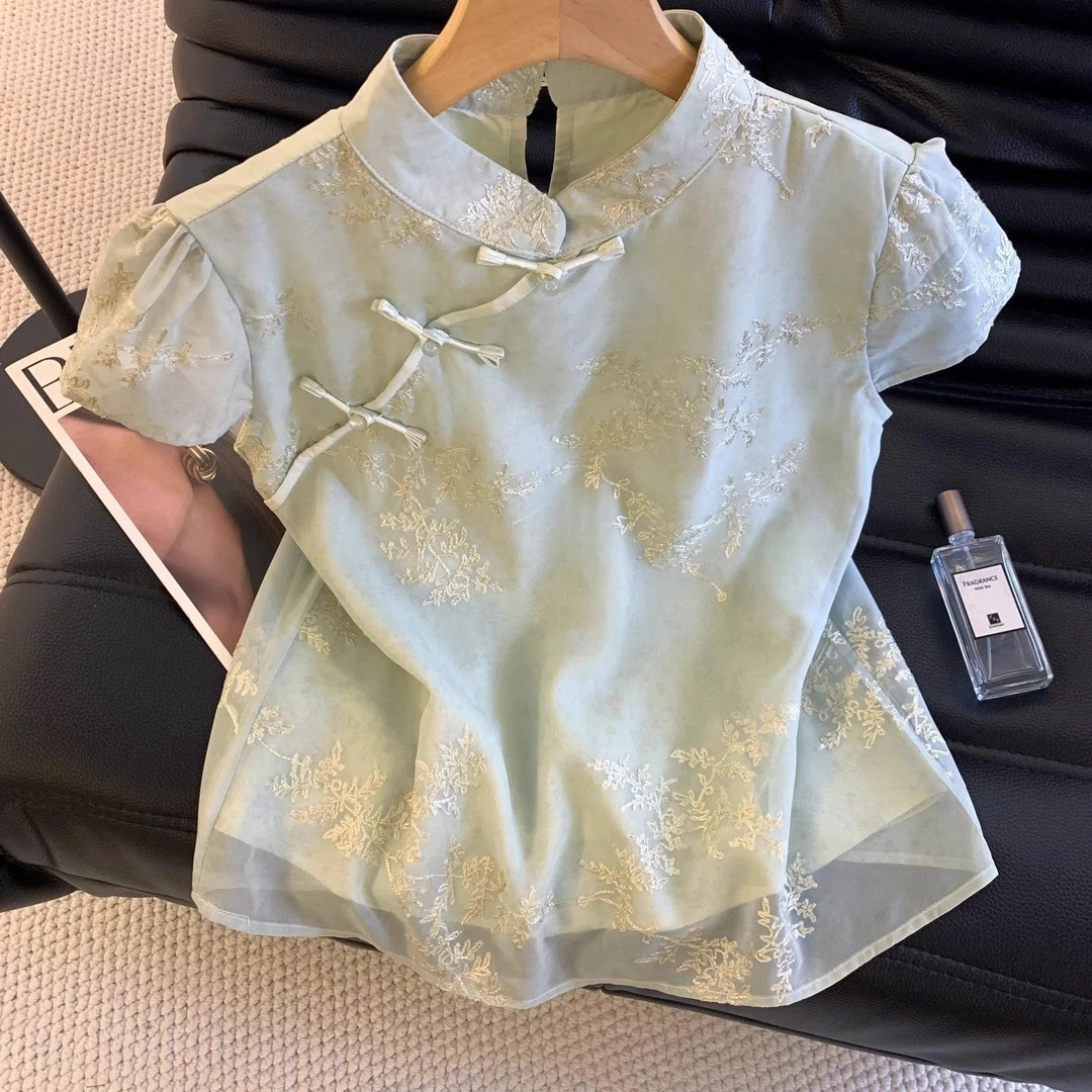 77新中式国风刺绣泡泡袖绿色衬衫女夏季旗袍领日常可穿上衣 JJ