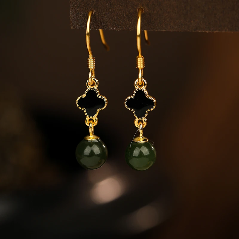 安妮猫和田碧玉四叶草耳环