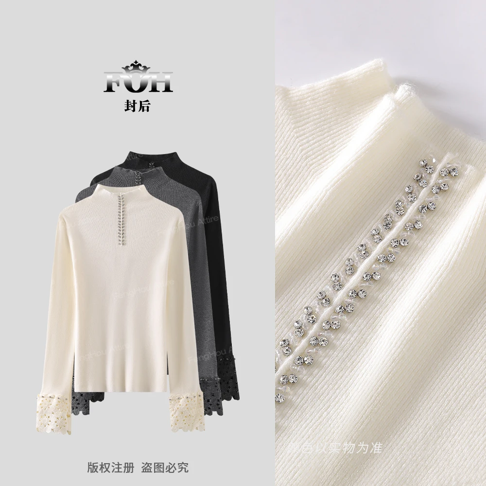 【封后轻奢设计】2025冬季新款立领烫钻蕾丝花边袖打底上衣11393