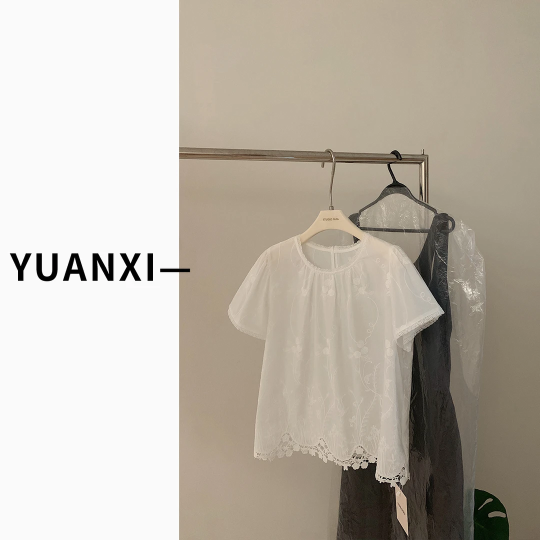 【FAFAJIA】F628 法式甜美重工刺绣圆领衬衫女夏季