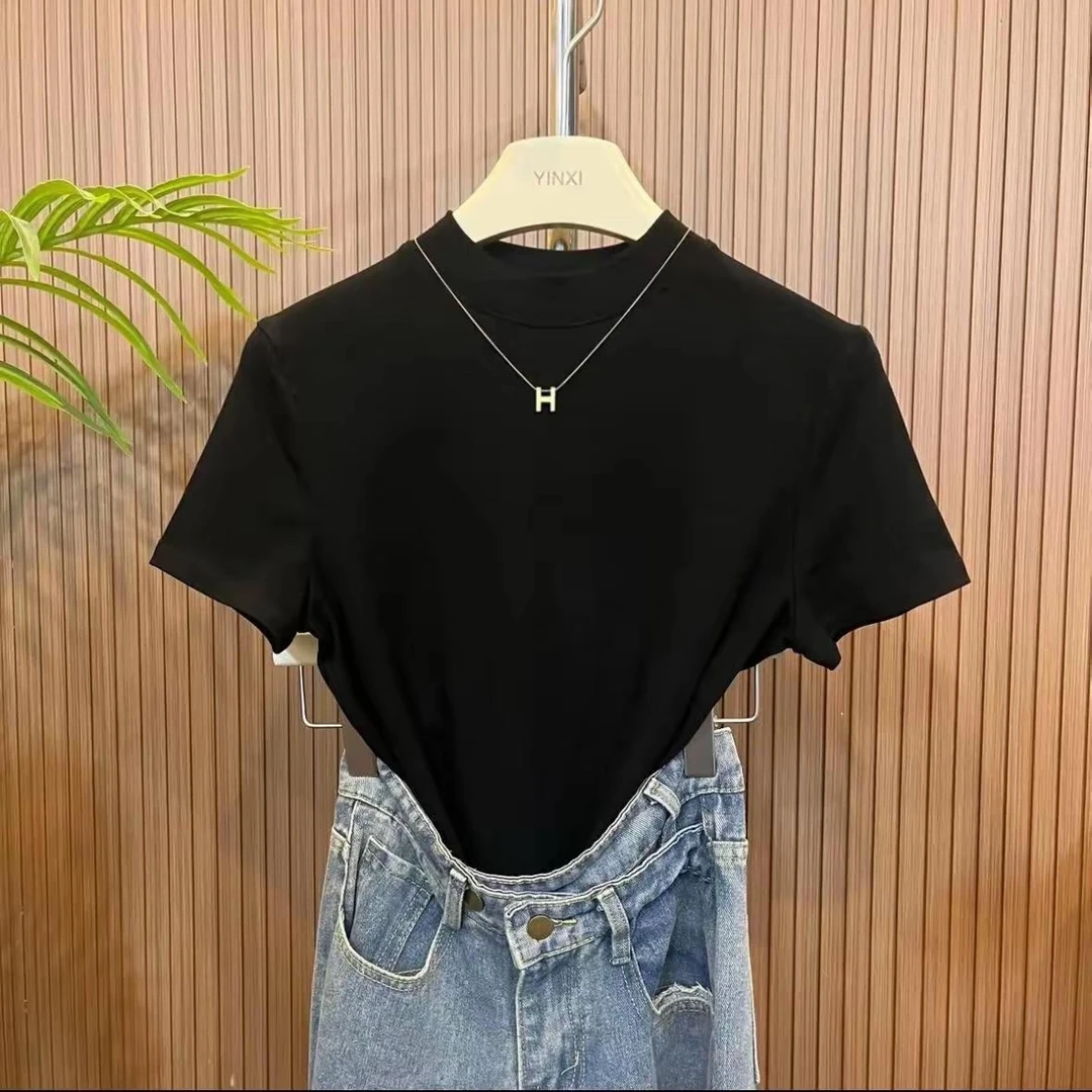 螺纹小高领短袖T恤女针织休闲百搭夏季简约纯色打底女设计感洋气