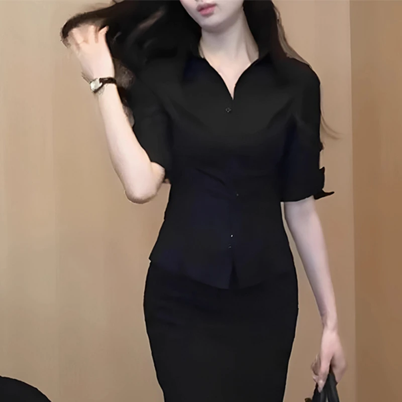 黑色polo领中袖衬衫女夏季设计感收腰显瘦短款御姐风气质翻领上衣