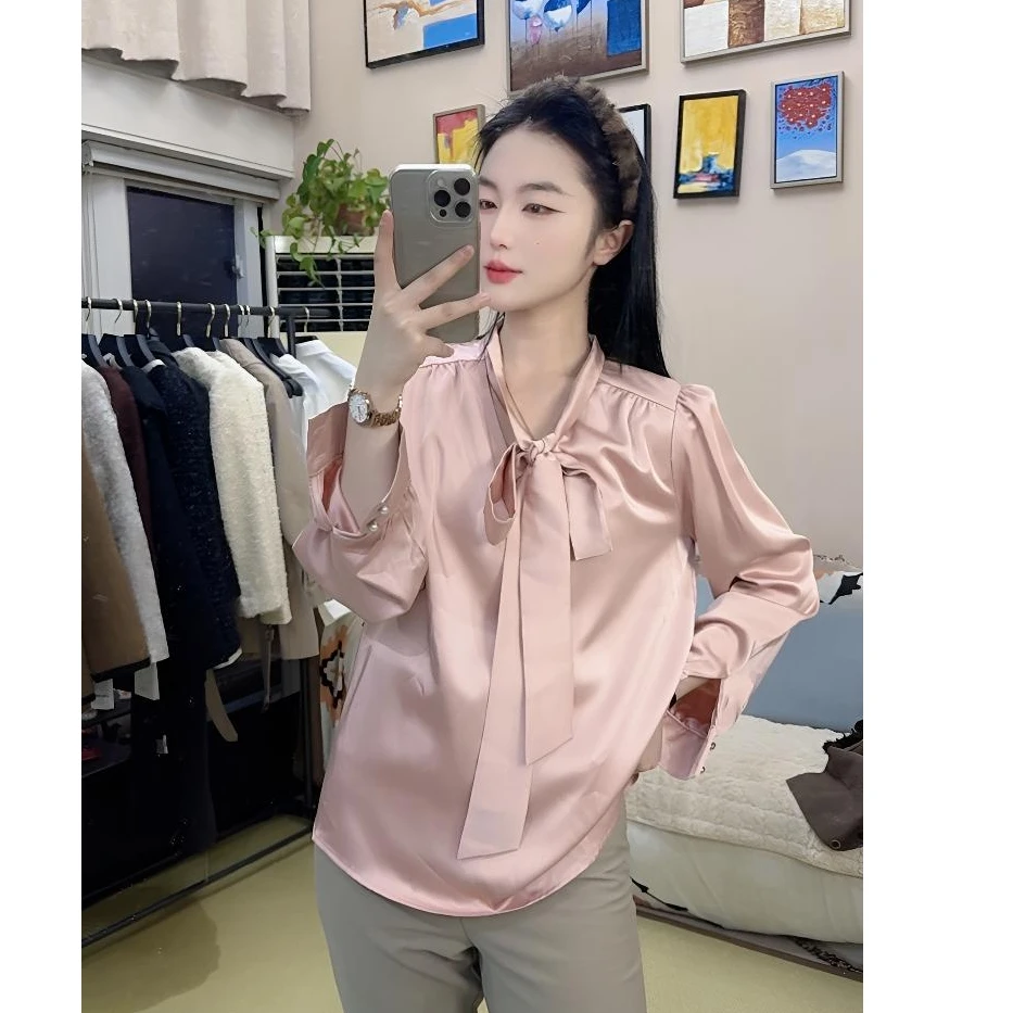 唯依轻奢韩版法式上衣春秋款女装蝴蝶结衬衣