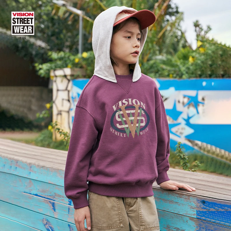 VISION 美式复古街头宽松落肩连帽拼色休闲卫衣男女儿童 25新