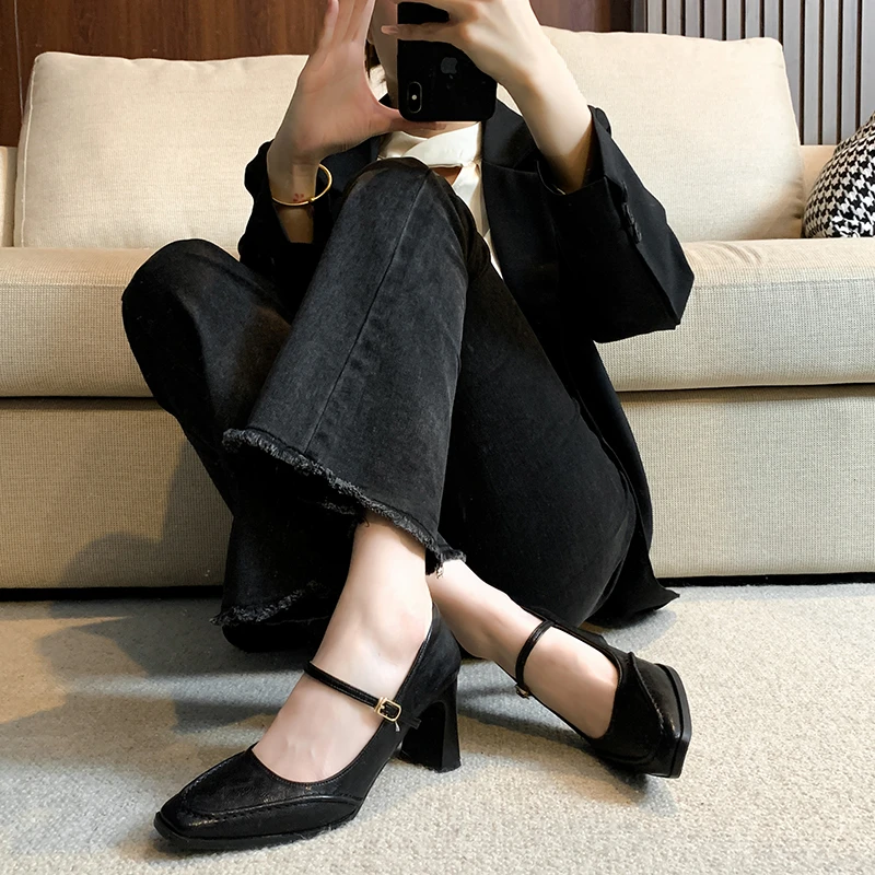 小羊皮鞋子~法式单鞋女气质不累脚高跟鞋粗跟工作鞋绝美玛丽珍鞋