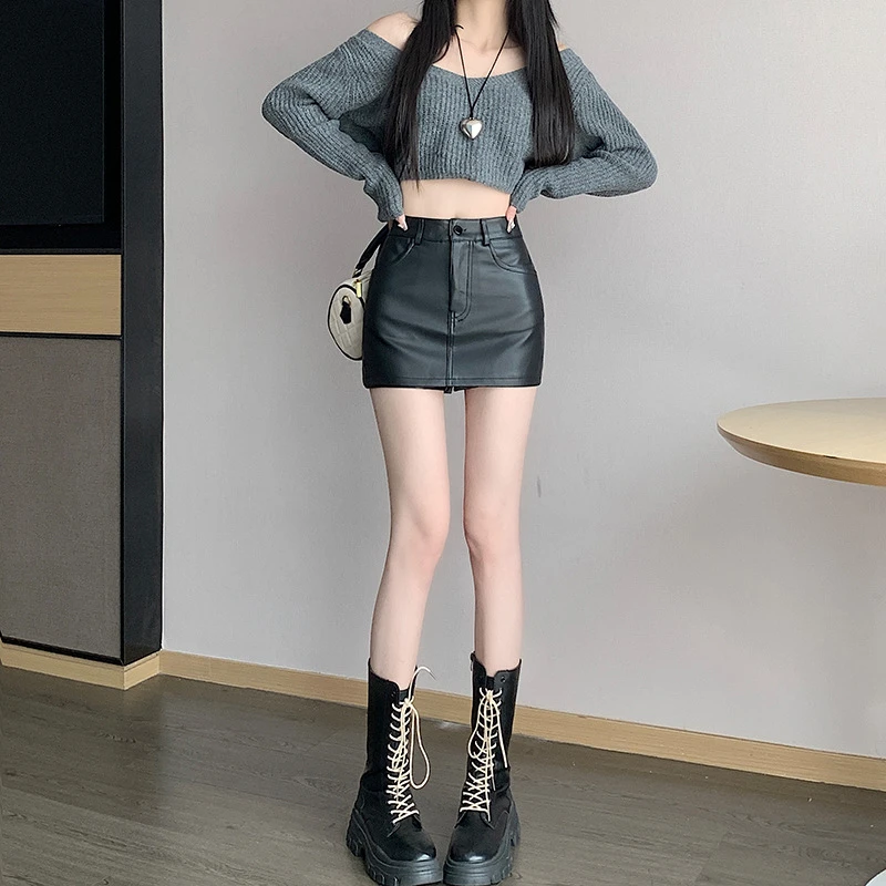 pu裙裤百搭半身裙女2025款春秋黑色包臀裙紧身高腰显瘦a字短裤
