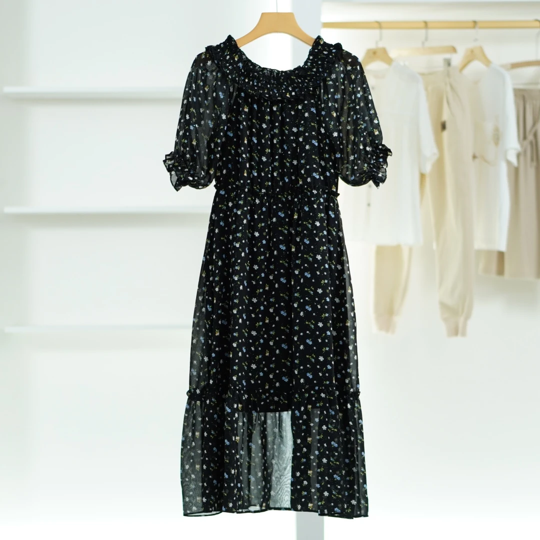 一路童行 谷系列  B162 女装夏碎花连衣裙黑花212YLY117-1