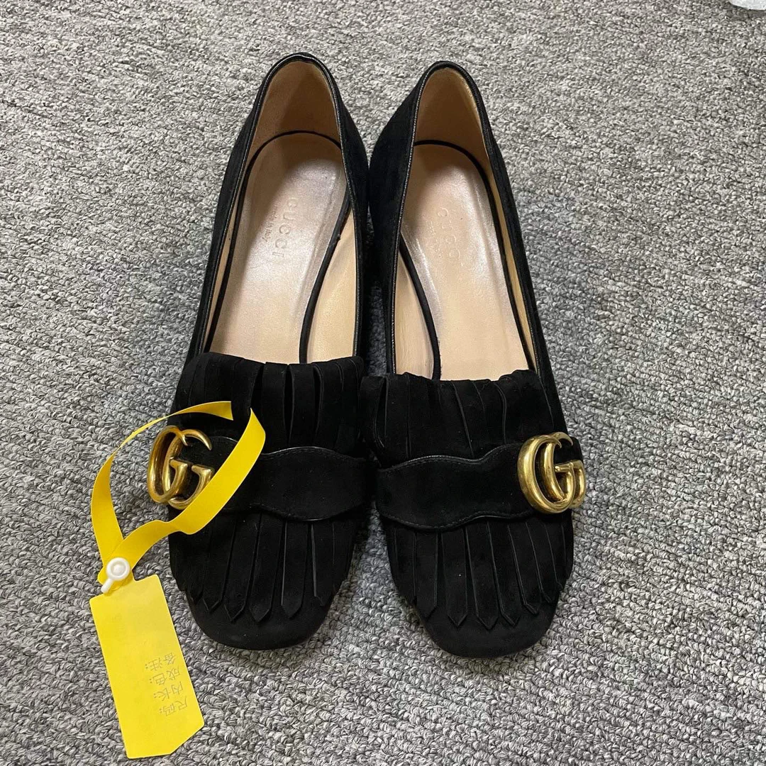 95新 GUCCI/古驰 绒面粗跟低跟玛丽珍单鞋 35码/11100