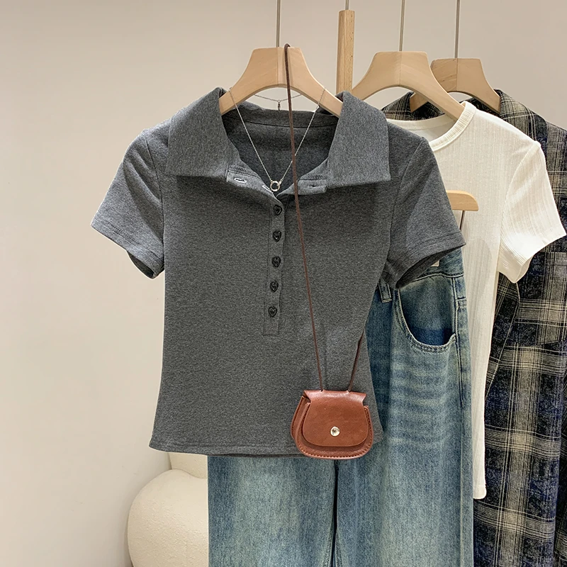 春夏新款韩系灰色polo领短袖T恤女高级感小个子穿搭修身百搭上衣