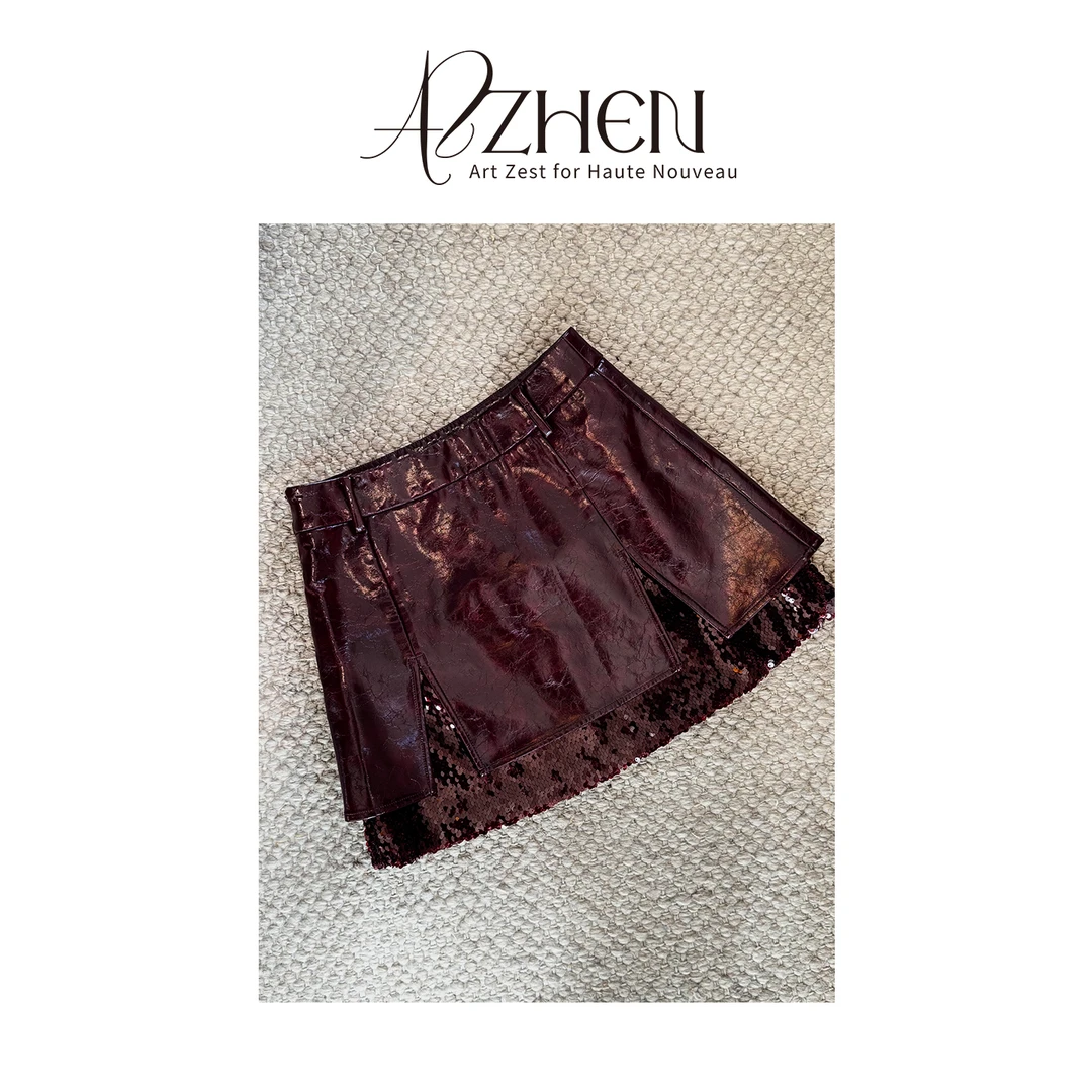 AZZHEN【酒心甜巧】漆皮拼接高闪珠片半裙AZ5BSQ22