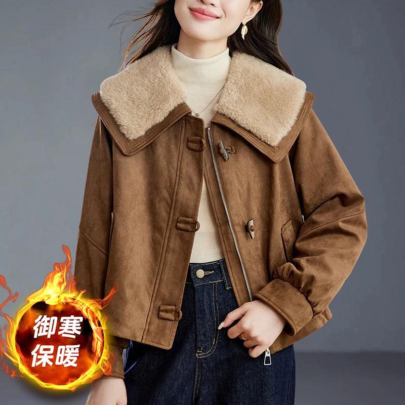 拉夏贝尔时尚减龄翻领夹棉加厚外套女2025秋冬宽松超好看