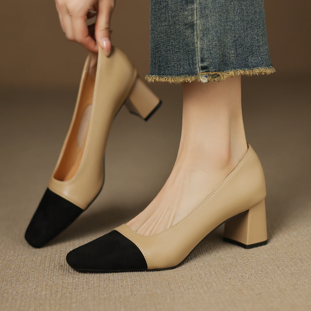 【跟高6cm和3.5cm】小香风真皮高跟鞋女粗跟方头单鞋百搭柔软拼色鞋