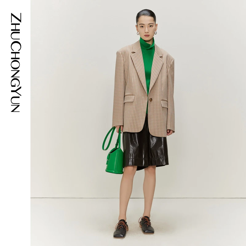 【达人专享】ZHUCHONGYUN通勤时尚格纹单粒扣羊毛西装外套女士