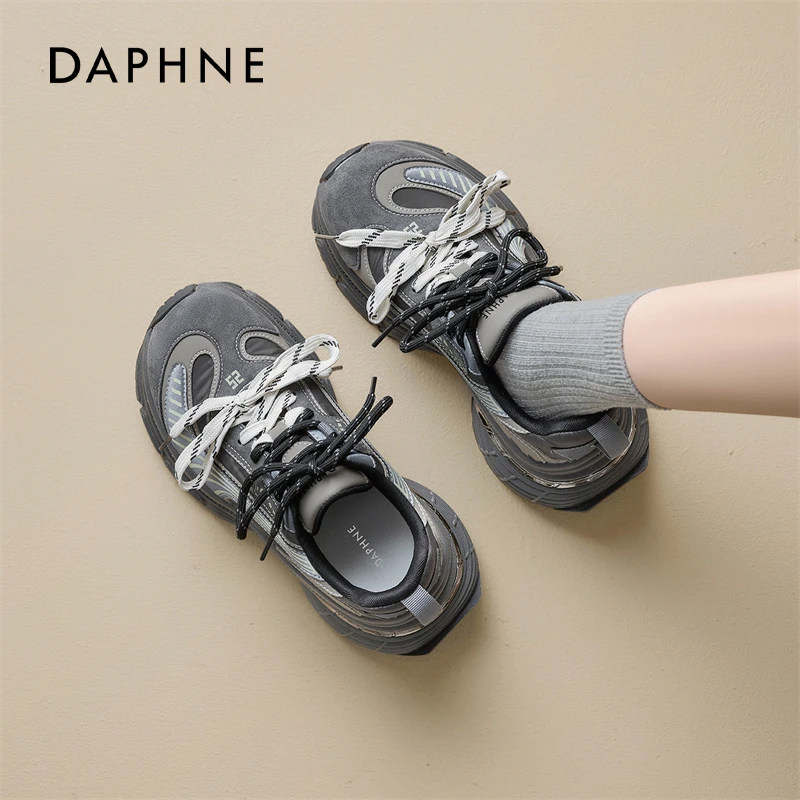达芙妮灰色厚底老爹鞋女2025春季新款小个子增高百搭休闲运动女鞋