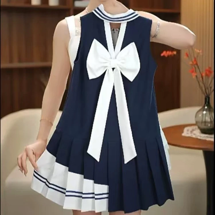 连衣裙韩版夏季拼色女童儿童洋气时尚女孩学院风无袖百褶撞色时尚